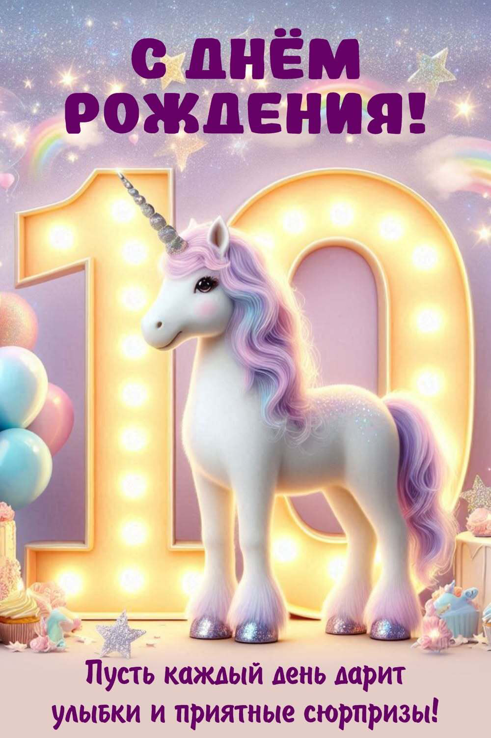 Открытка с днем рождения девочке на 10 лет. Единорог, пожелания.
