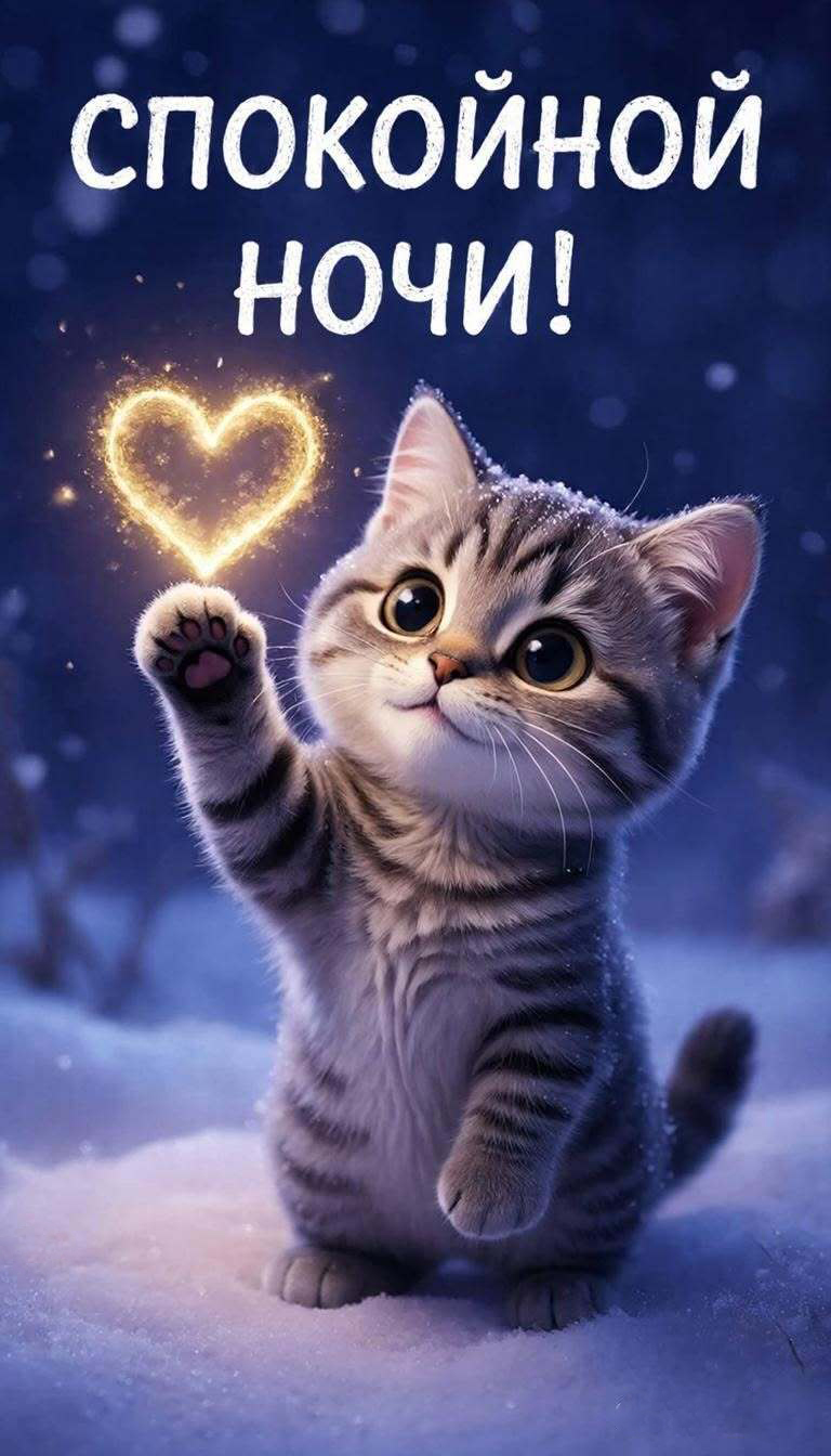 Открытка спокойной ночи. Котик и сердечко.