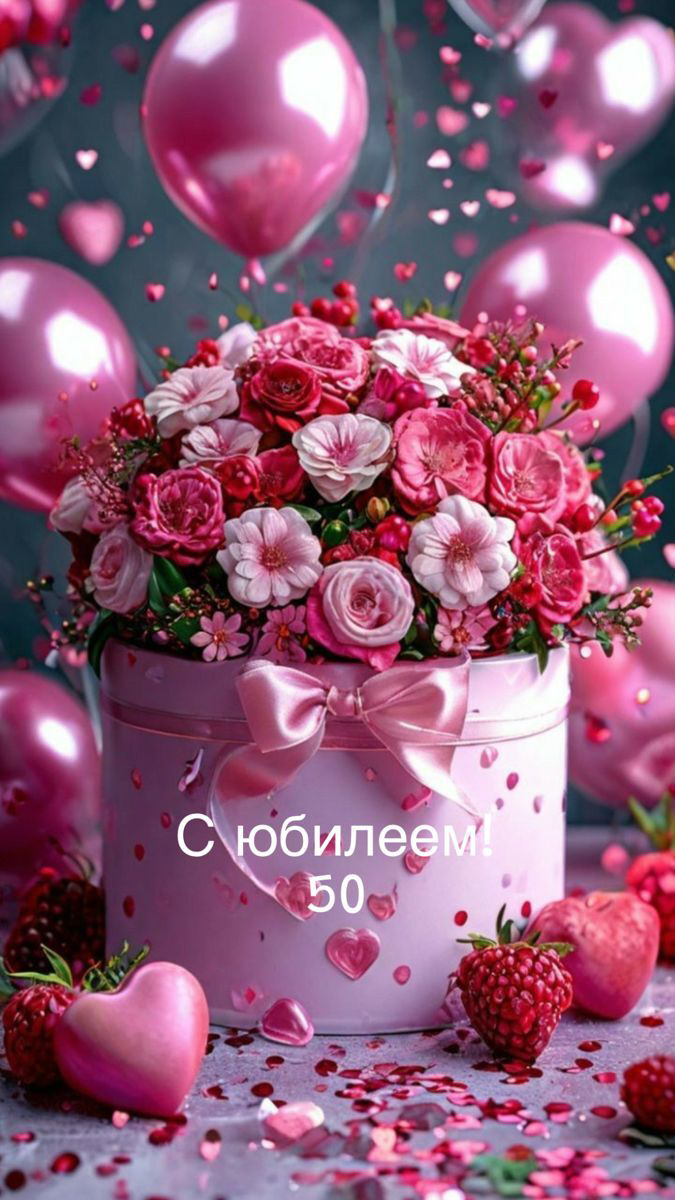 Открытка с днем рождения 50 лет юбилей. Шарики и цветы.