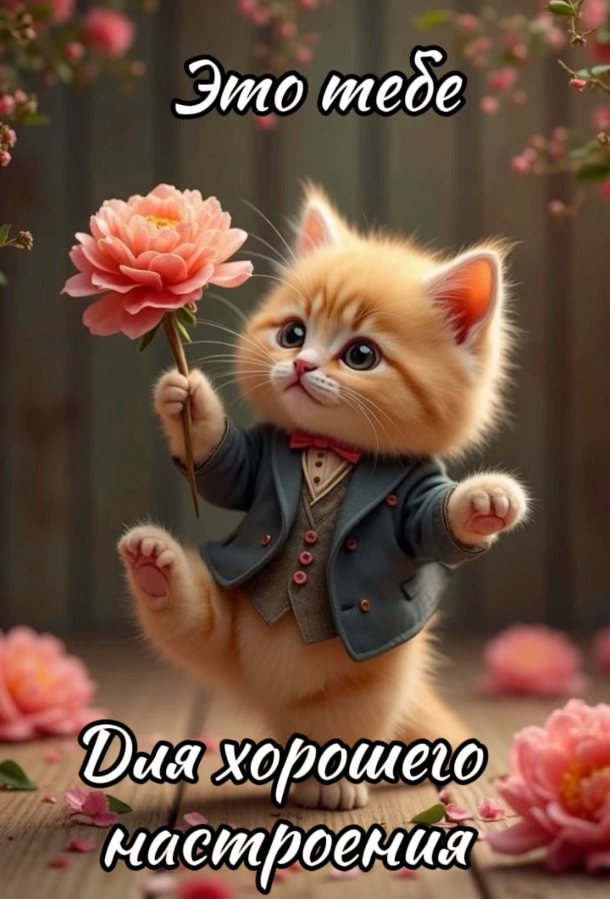 Открытка хорошего дня и настроения. Котик с цветком.