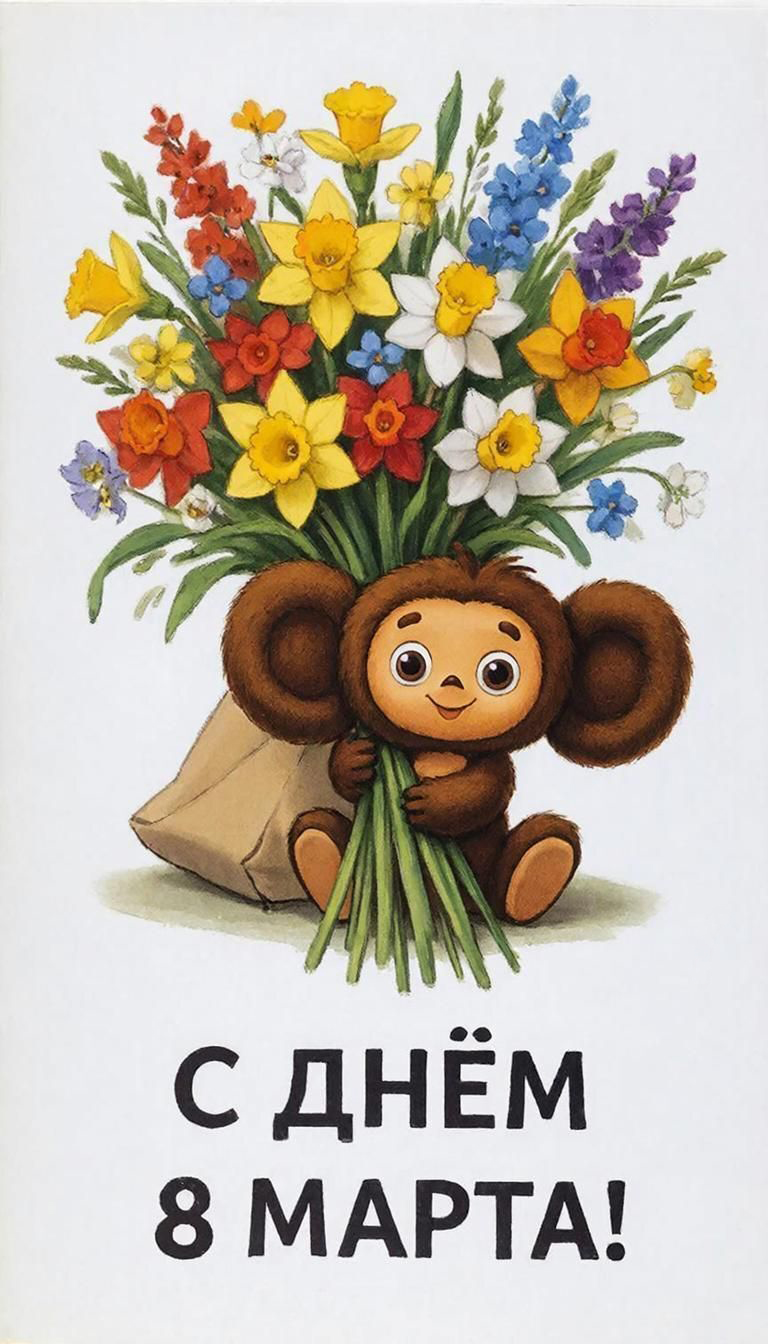 Открытка с Международным Женским Днем 8 марта. Чебурашка с цветами. Открытка с Международным Женским Днем 8 марта. Чебурашка с цветами.