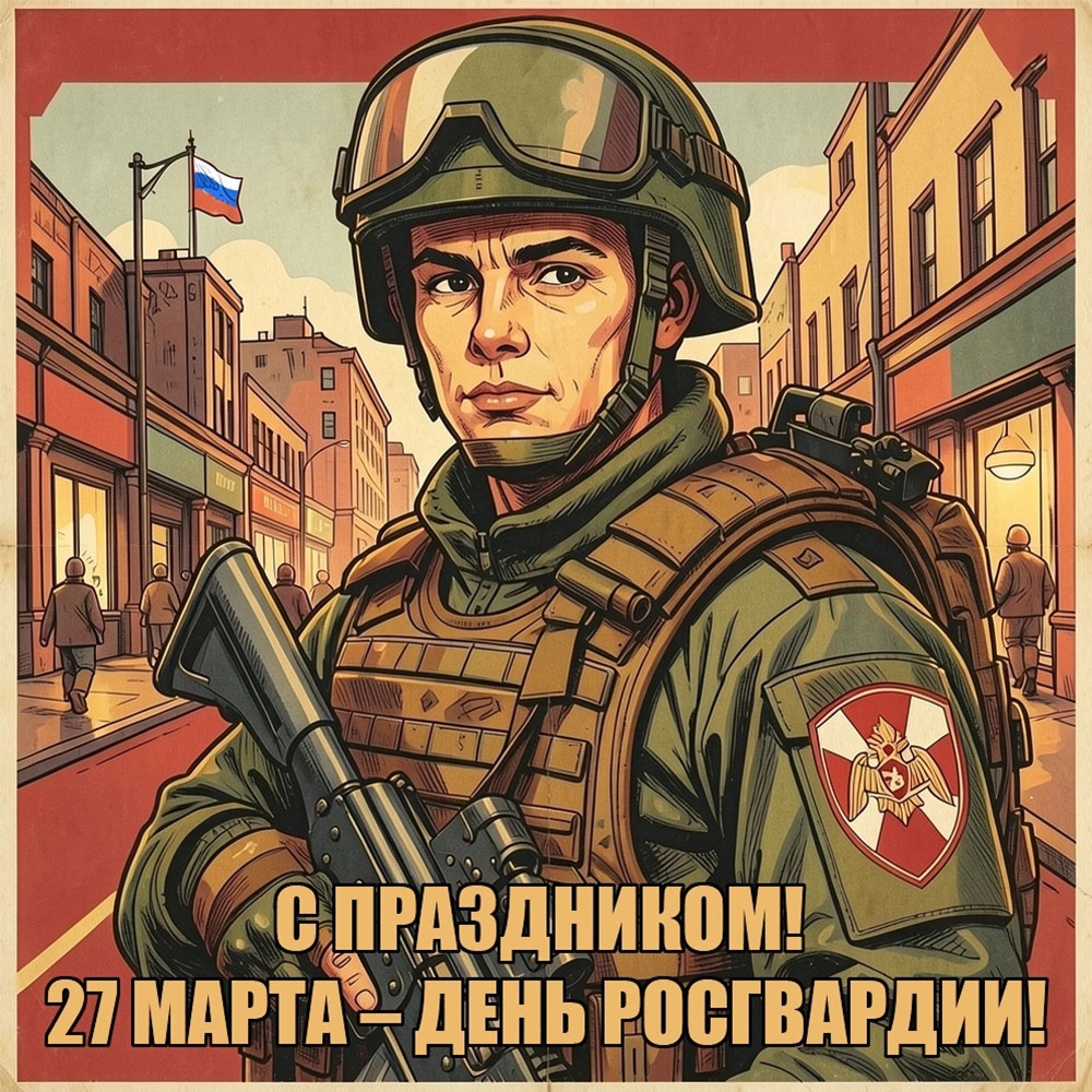 С праздником! 27 марта – День Росгвардии! Открытка с Днем Росгвардии; экипированный росгвардеец на фоне городской улицы.