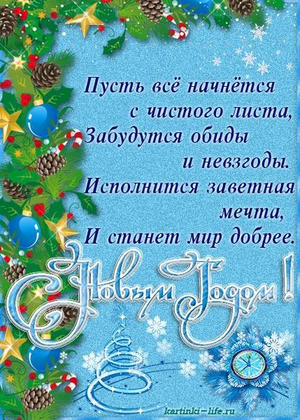 Пусть все начнется с чистого листа, Забудутся обиды и невзгоды. Исполнится заветная мечта, И станет мир добрее. С Новым годом!