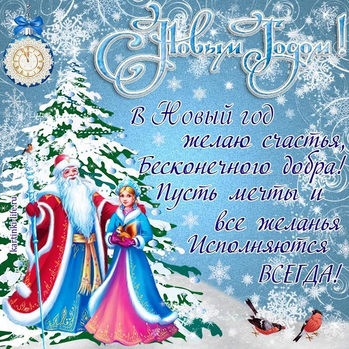 В Новый год желаю счастья, Бесконечного добра! Пусть мечты и все желанья Исполняются всегда!