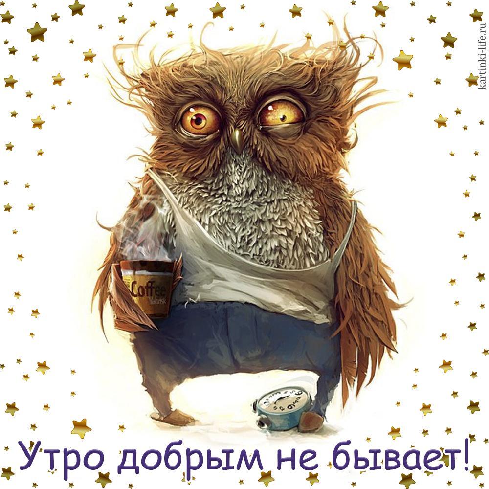 Утро добрым не бывает! Прикольная открытка с добрым утром; сонная, всклокоченная сова-мальчик в штанах, майке и тапочках держит стаканчик с кофе, будильник валяется на полу.