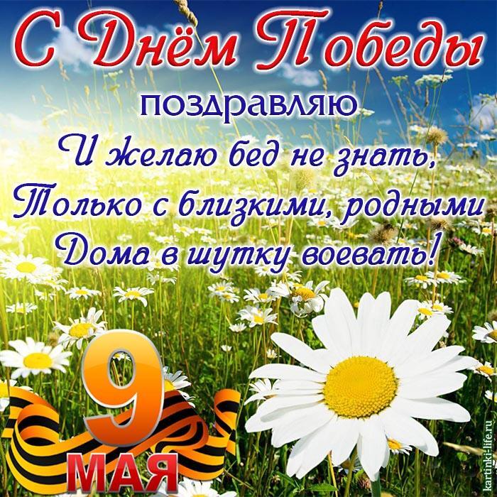 С Днем Победы поздравляю И желаю бед не знать, Только с близкими, родными Дома в шутку воевать!