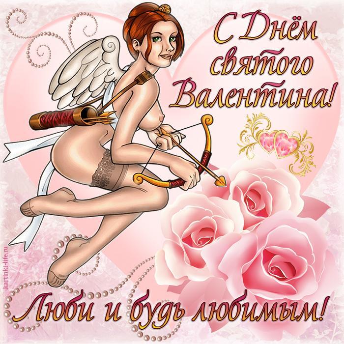 С Днем святого Валентина! Люби и будь любимым! Красивая открытка с Днем святого Валентина для мужчины, девушка-амур на фоне нежно-розового сердца и роз.