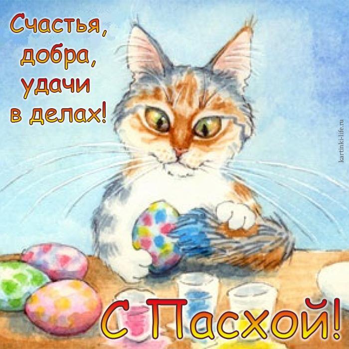 Каталог С Пасхой! Счастья, добра, удачи в делах! Прикольная открытка с Пасхой, поздравление с Пасхой, кошечка красит хвостиком, как будто кисточкой, яйца на Пасху.