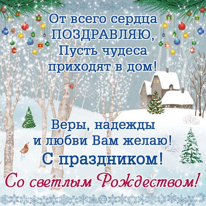 От всего сердца поздравляю, Пусть чудеса приходят в дом! Веры, надежды и любви Вам желаю! С праздником! Со светлым Рождеством!