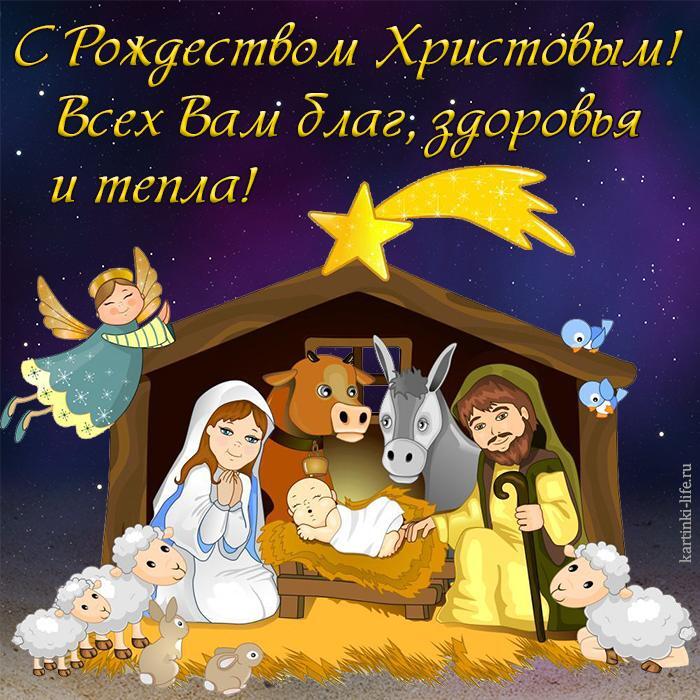 С Рождеством Христовым! Всех Вам благ, здоровья и тепла! Красивая открытка с Рождеством; сценка рождения Иисуса Христа, ангел и рождественская звезда.