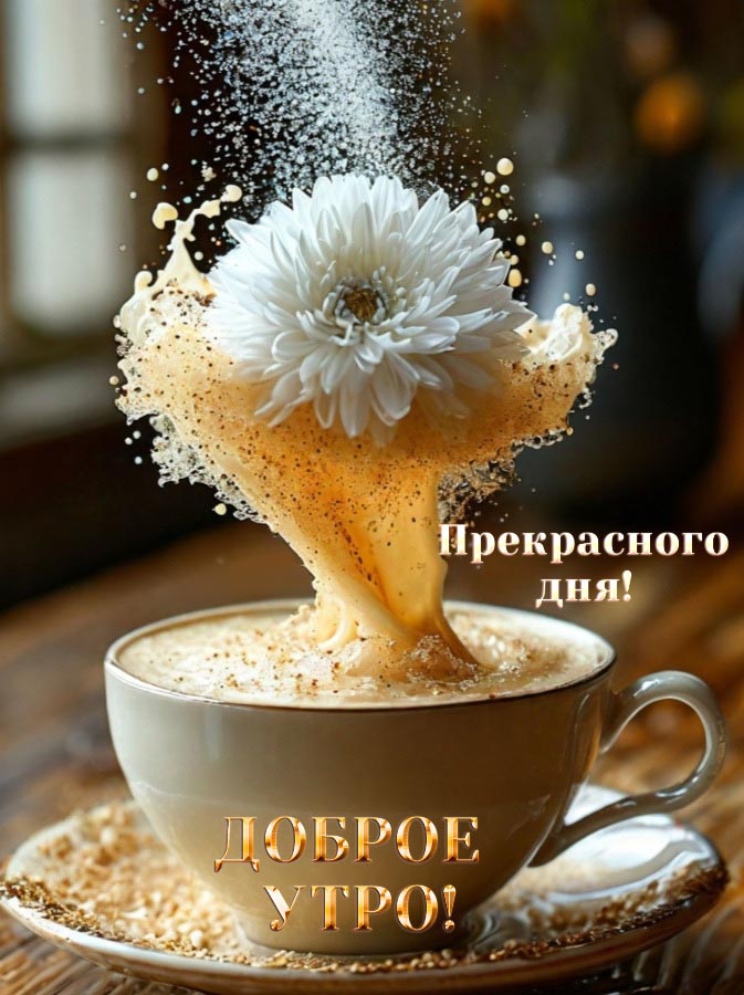 Красивая открытка с добрым утром. Прекрасного дня! Кофе, цветок. Красивая открытка с добрым утром. Прекрасного дня! Кофе, цветок.