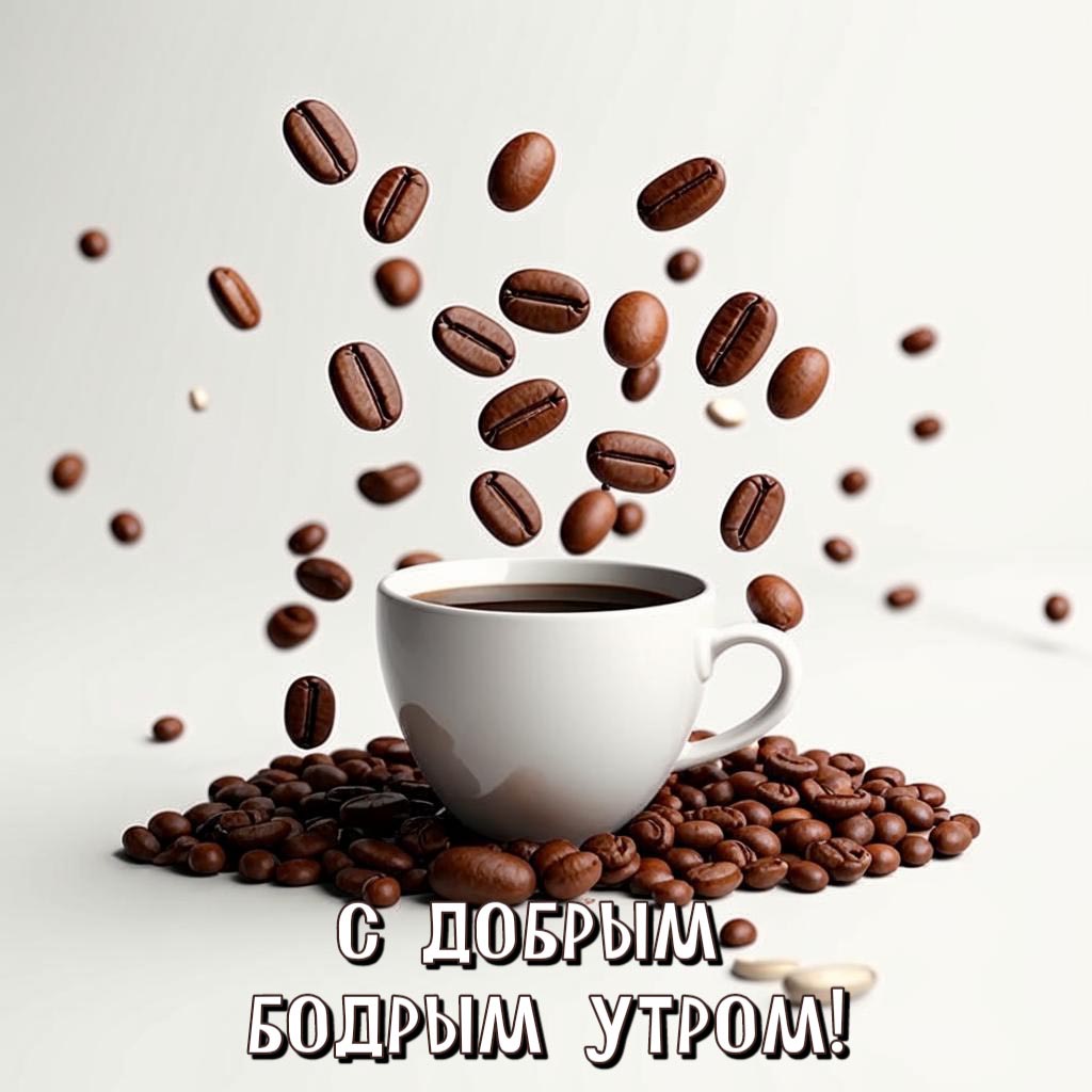 Красивая открытка с добрым утром. С добрым бодрым утром! Чашка кофе и кофейные зерна.