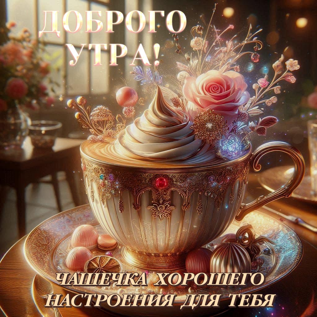 Красивая открытка с добрым утром. Чашка, цветы, сладости. Чашечка хорошего настроения для тебя.