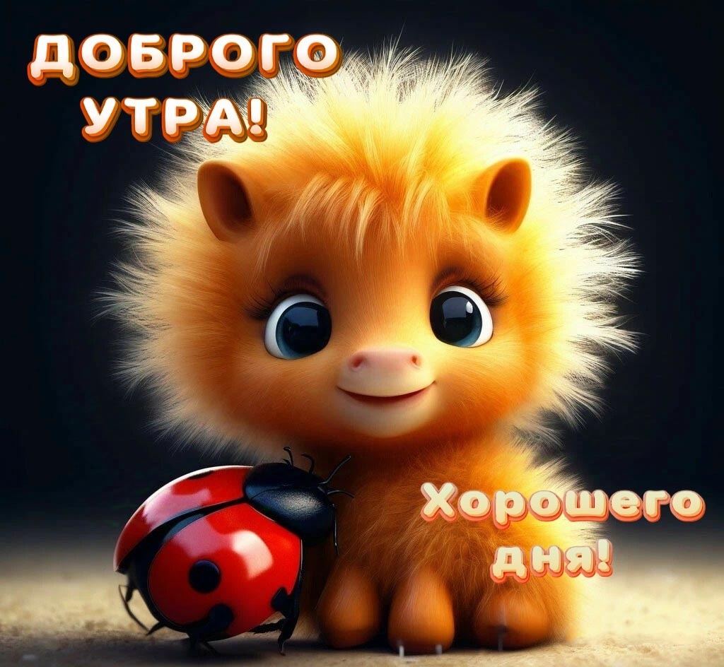 Красивая открытка с добрым утром. Милая зверушка улыбается. К зверушке прижимается красная божья коровка. Хорошего дня. Красивая открытка с добрым утром. Милая зверушка улыбается. К зверушке прижимается красная божья коровка. Хорошего дня.
