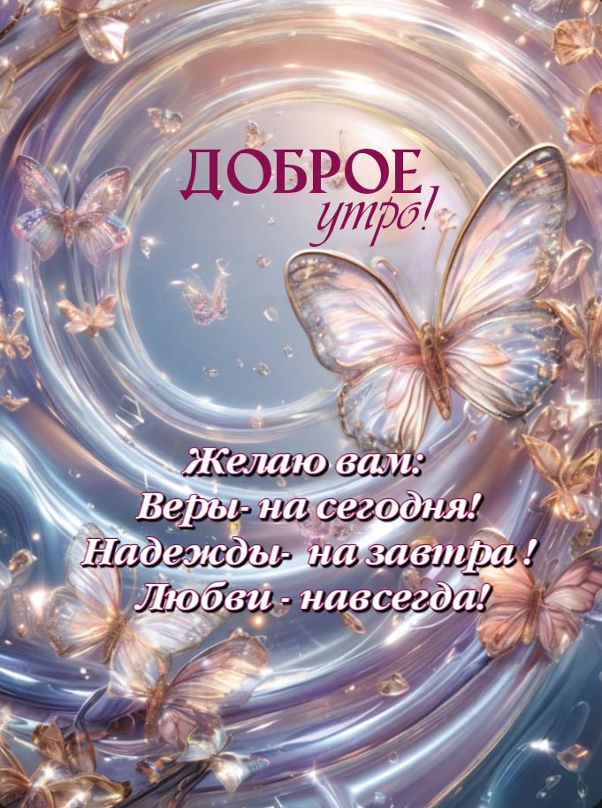 Красивая открытка с добрым утром. Красивые бабочки на фоне цветной спирали. Желаю вам: Веры - на сегодня! Надежды - на завтра! Любви - навсегда!