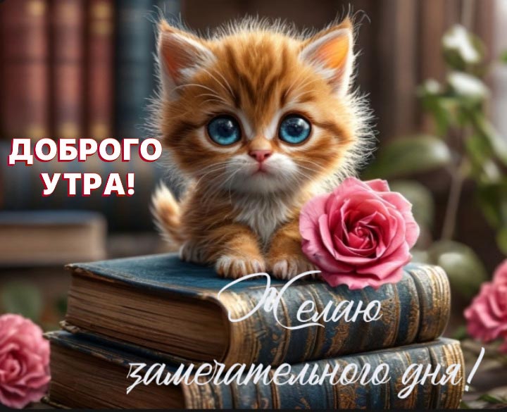 Красивая открытка с добрым утром. Милый котенок сидит на толстых книгах, розовые розы. Пожелание: Желаю замечательного дня! Красивая открытка с добрым утром. Милый котенок сидит на толстых книгах, розовые розы. Пожелание: Желаю замечательного дня!