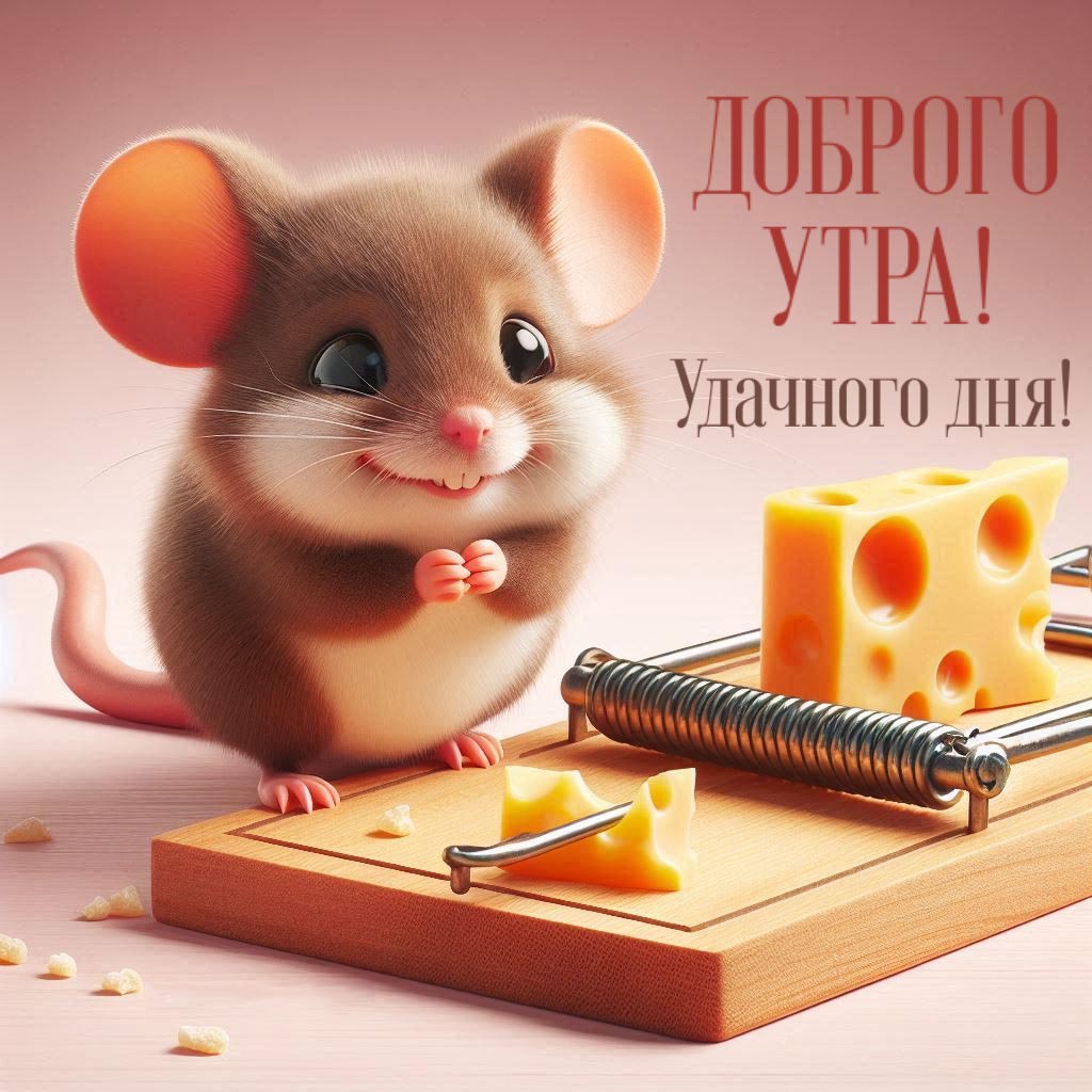 Красивая открытка с добрым утром. Милая мышка с хитрецой стоит рядом с уже неопасной разряженной мышеловкой, в которой есть доступный сыр. Пожелание: Доброго утра! Удачного дня!