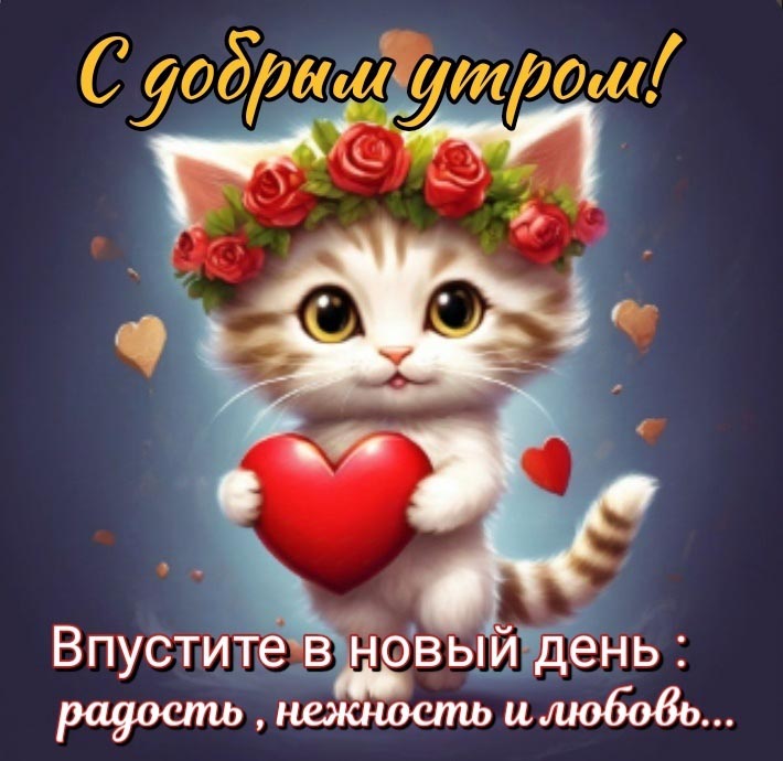 Красивая открытка с добрым утром. Милый котенок с красным сердечком в лапках. На котенке - венок из красных роз, а на фоне - сердечки. Пожелание: Впустите в новый день: радость, нежность и любовь. Красивая открытка с добрым утром. Милый котенок с красным сердечком в лапках. На котенке - венок из красных роз, а на фоне - сердечки. Пожелание: Впустите в новый день: радость, нежность и любовь.