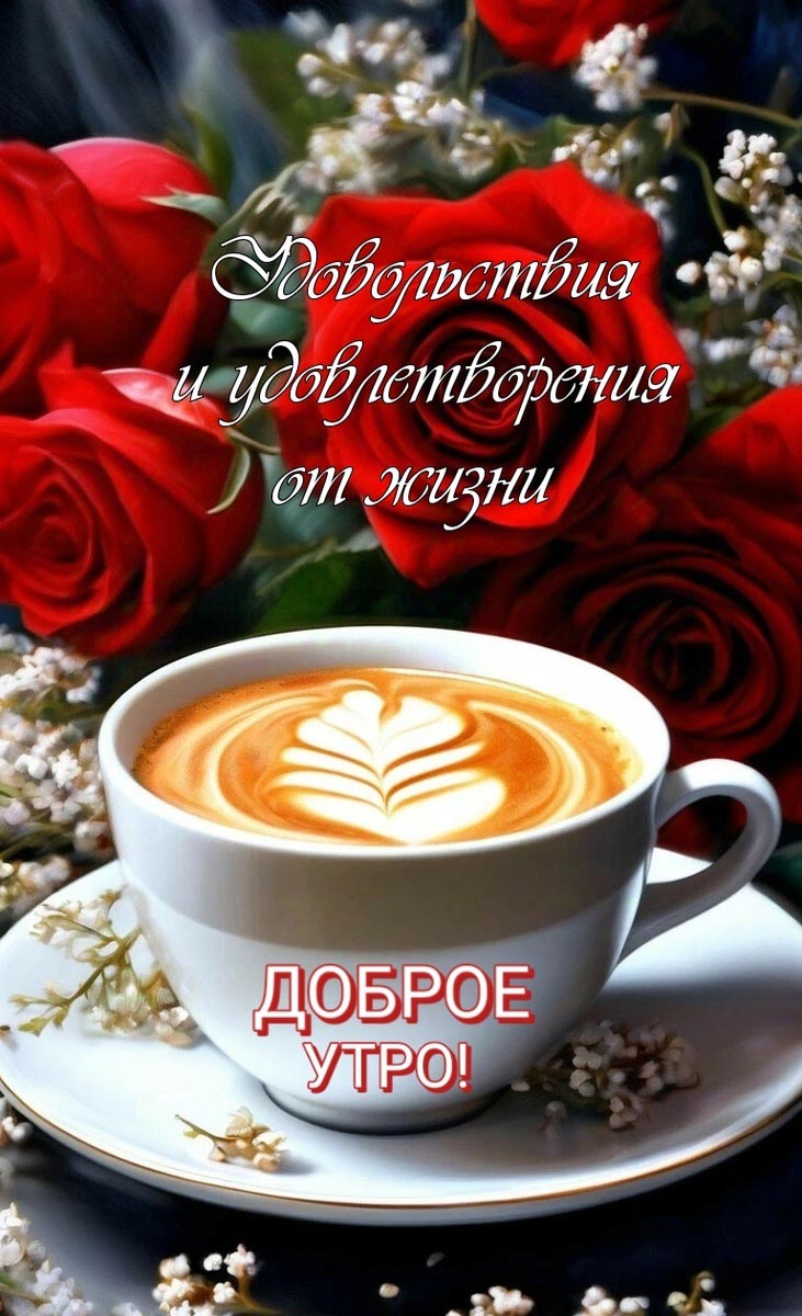 Красивая открытка с добрым утром. Чашка с кофе и рисунком на кофейной пенке. Красные розы и белые мелкие цветы. Пожелание: Удовольствия и удовлетворения от жизни. Красивая открытка с добрым утром. Чашка с кофе и рисунком на кофейной пенке. Красные розы и белые мелкие цветы. Пожелание: Удовольствия и удовлетворения от жизни.