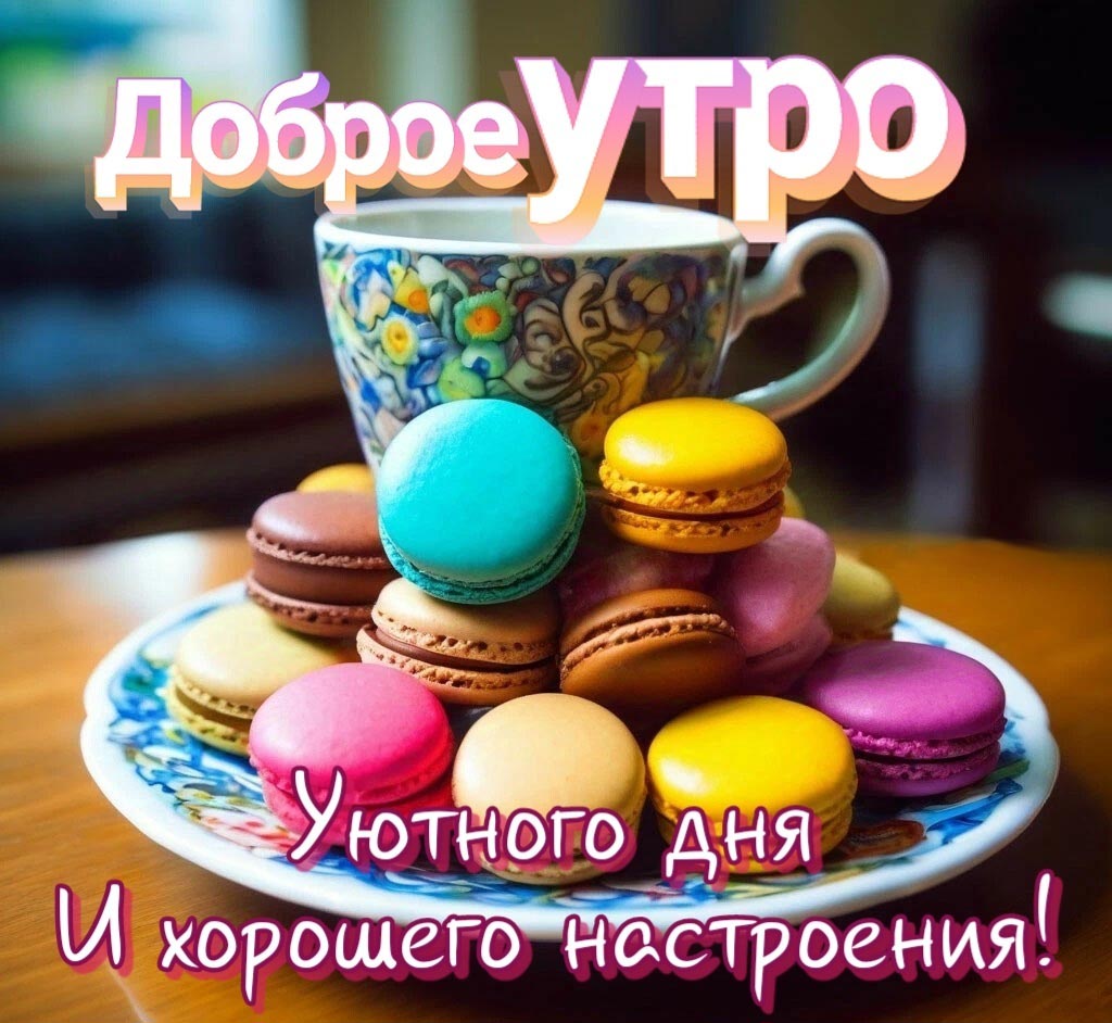 Красивая открытка с добрым утром. Чашка с блюдцем. В блюдце - яркие разноцветные сладости. Пожелание: Уютного дня и хорошего настроения!
