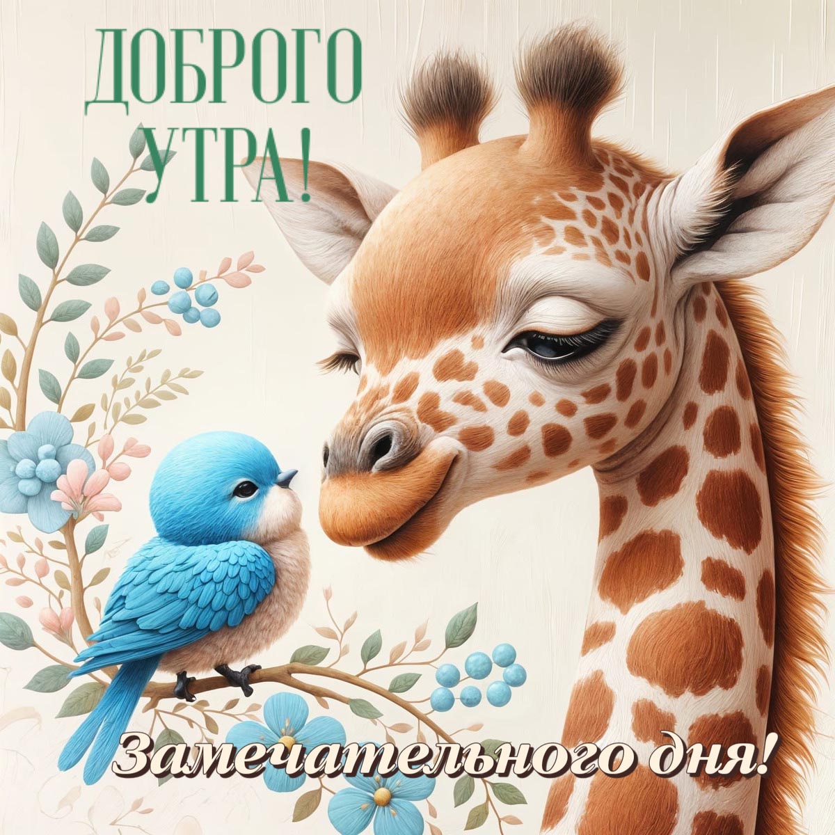 Красивая открытка с добрым утром. Милая жирафа улыбается приятной бело-синей птичке, которая сидит на ветке с цветами. Пожелания: Доброго утра! Замечательного дня!