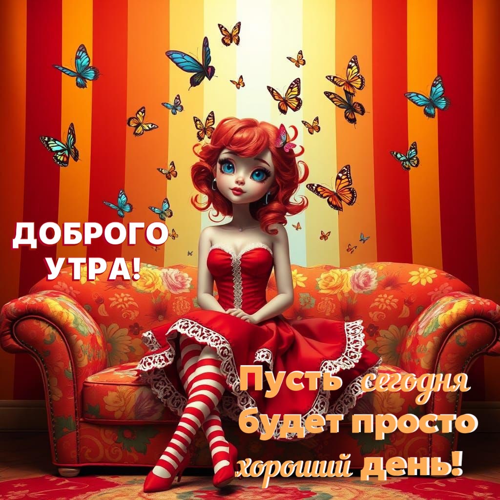 Красивая открытка с добрым утром. Девушка с рыжими волосами, в красном платье и с красно-белыми чулками сидит на диване, вокруг летают бабочки. Пожелание: Пусть сегодня будет просто хороший день!