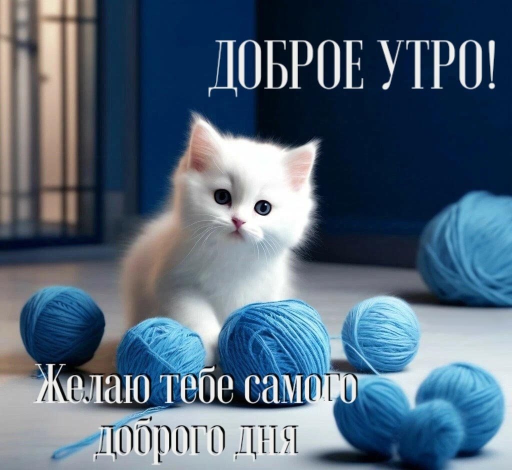 Красивая открытка с добрым утром. Милый белый котенок играет с синей пряжей. Пожелание: Желаю тебе самого доброго дня! Красивая открытка с добрым утром. Милый белый котенок играет с синей пряжей. Пожелание: Желаю тебе самого доброго дня!