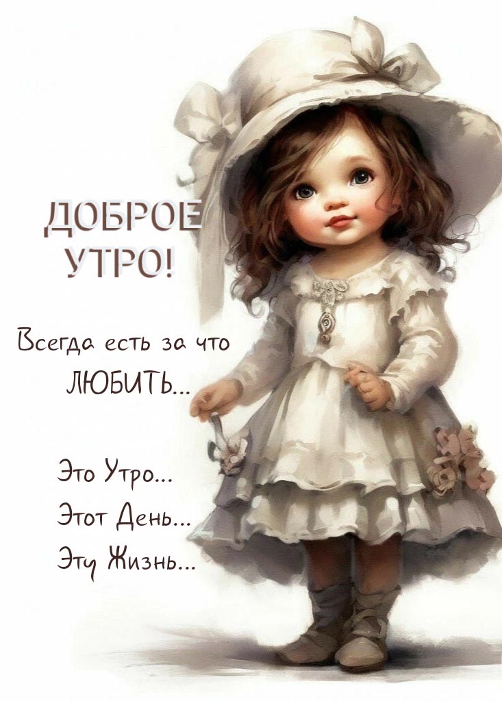 Красивая открытка с добрым утром. Милая девочка в белом платье и белой шляпке. Пожелания: Всегда есть за что ЛЮБИТЬ. Это утро, этот день, эту жизнь.