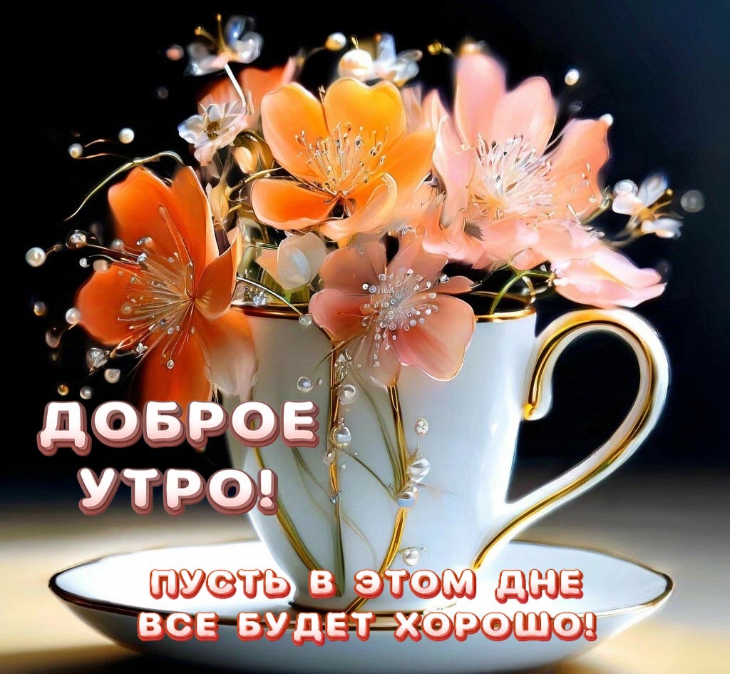 Красивая открытка с добрым утром. Чашка с красивыми цветами. Пожелания: Доброе утро! Пусть в этом дне все будет хорошо! Красивая открытка с добрым утром. Чашка с красивыми цветами. Пожелания: Доброе утро! Пусть в этом дне все будет хорошо!