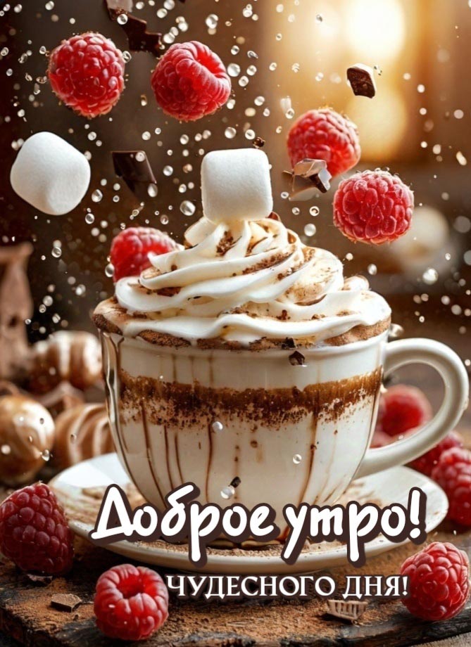 Красивая открытка с добрым утром. Чашка с десертом, ягоды малины и кусочки сладостей. Пожелания: Доброе утро! Чудесного дня! Красивая открытка с добрым утром. Чашка с десертом, ягоды малины и кусочки сладостей. Пожелания: Доброе утро! Чудесного дня!