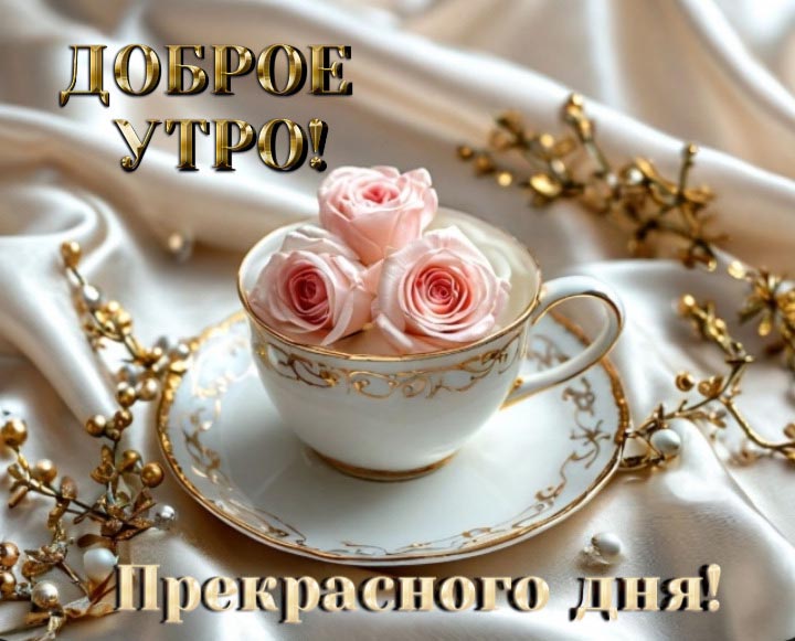 Красивая открытка с добрым утром. Чашка с розовыми розами на шикарной скатерти. Пожелания: Доброе утро! Прекрасного дня!