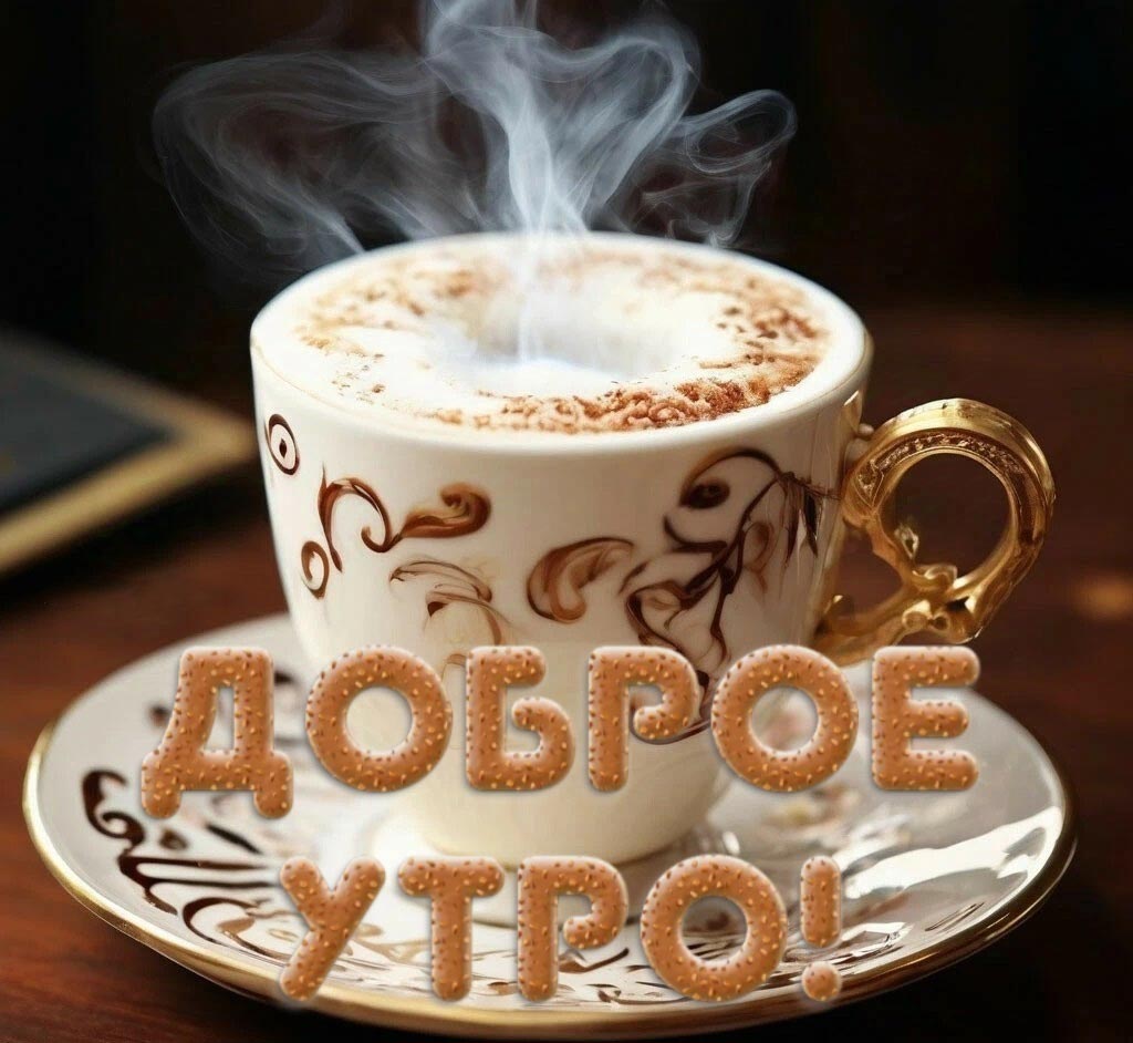 Красивая открытка с добрым утром. Красивая чашка с кофе с паром от кофе. Пожелание доброго утра. Красивая открытка с добрым утром. Красивая чашка с кофе с паром от кофе. Пожелание доброго утра.