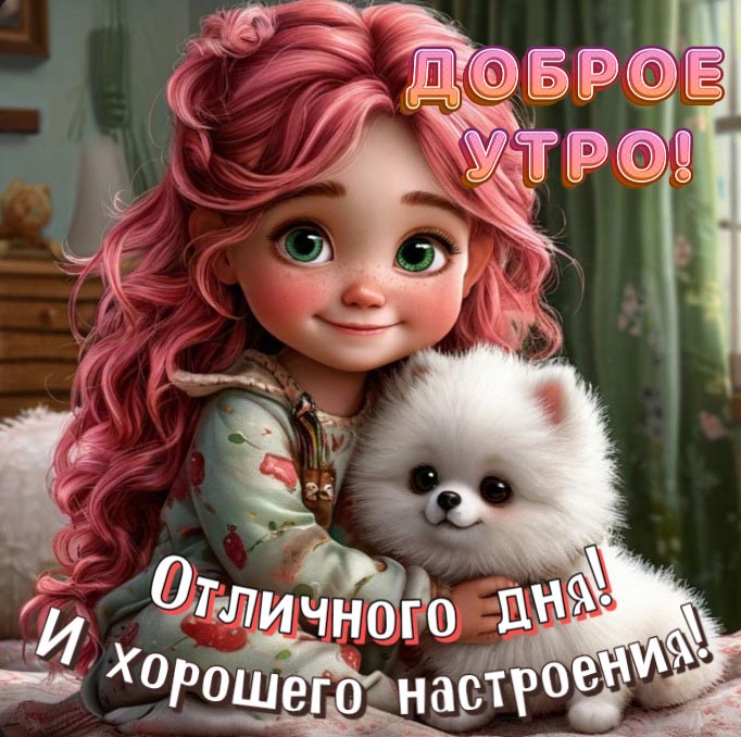 Красивая открытка с добрым утром. Милая девочка с розовыми волосами сидит с милой пушистой белой собачкой. Пожелания: Отличного дня! И хорошего настрония!