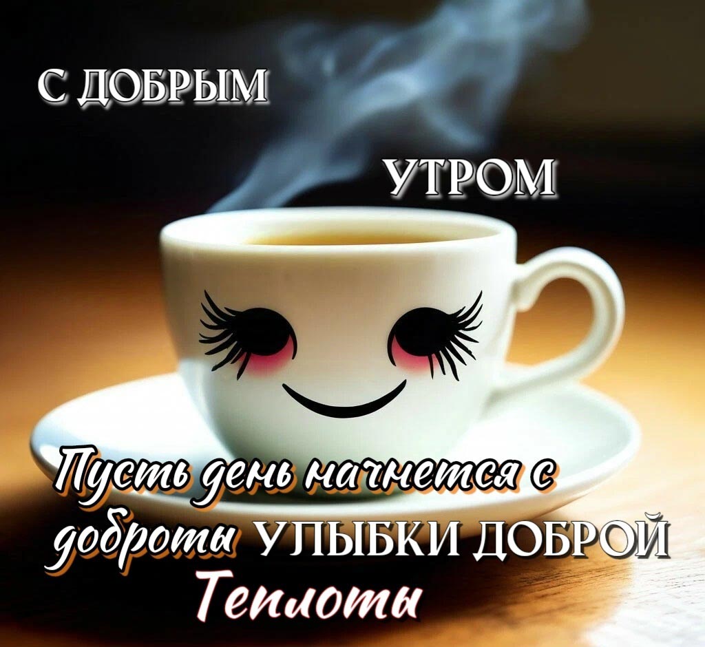 Красивая открытка с добрым утром. Чашка с нарисованными глазками и улыбкой. Пожелания: Пусть день начнется с доброты, УЛЫБКИ ДОБРОЙ, теплоты.
