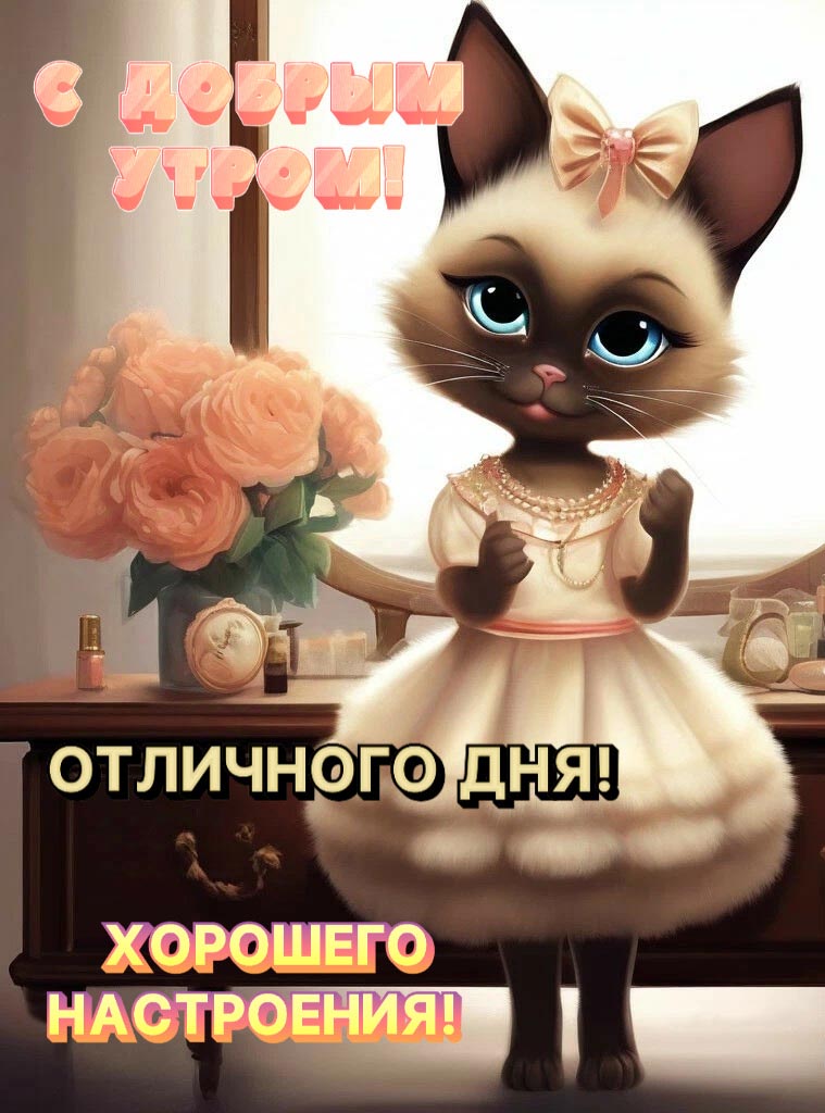Красивая открытка с добрым утром. Сиамская кошечка стоит на задних лапах, одета, как девушка, в платьице и с бантом на кошачьей голове. Сзади стоит букет розовых роз. Пожелания: Отличного дня! Хорошего настроения!