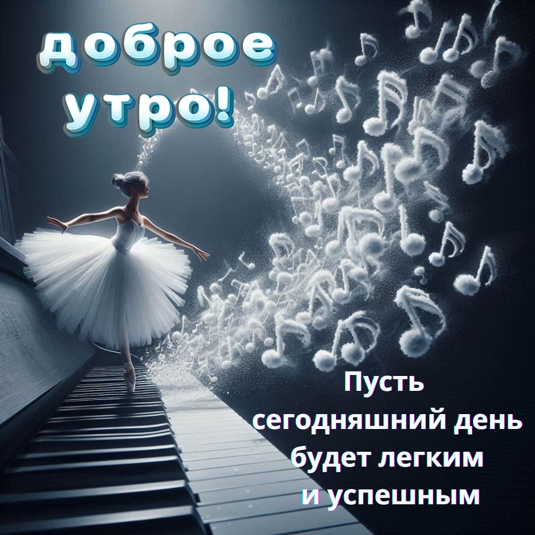 Красивая открытка с добрым утром. Балерина в белом платье танцует на клавишах рояля и белые ноты текут от ее пуантов в танце. Пожелания: Доброе утро! Пусть сегодняшний день будет легким и успешным.