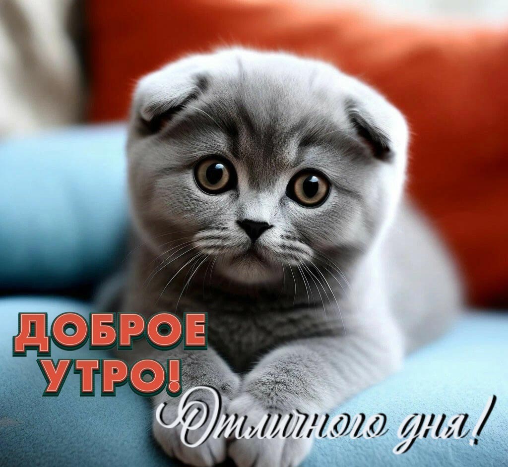 Красивая открытка с добрым утром. Милая породистая кошечка лежит на подушках. Пожелания: Доброе утро! Отличного дня!