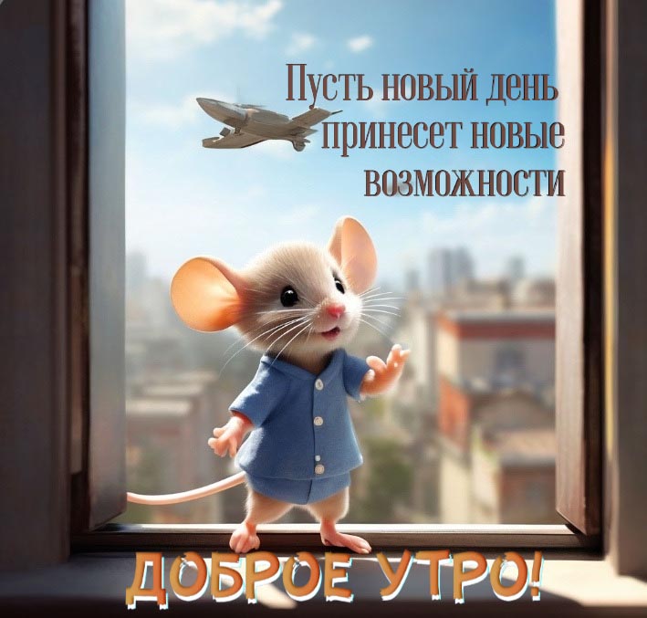 Красивая открытка с добрым утром. Милый мышонок стоит на задних лапах на фоне окна с видом на город. Мышонок одет в костюмчик, за окном летит лайнер. Пожелания: Доброе утро! Пусть новый день принесет новые возможности.