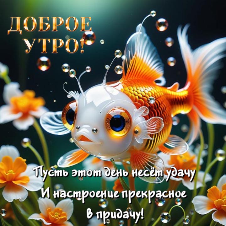Красивая открытка с добрым утром. Красивая рыбка среди цветов. Пожелания: Доброе утро! Пусть этот день несет удачу и настроение прекрасное в придачу! Красивая открытка с добрым утром. Красивая рыбка среди цветов. Пожелания: Доброе утро! Пусть этот день несет удачу и настроение прекрасное в придачу!