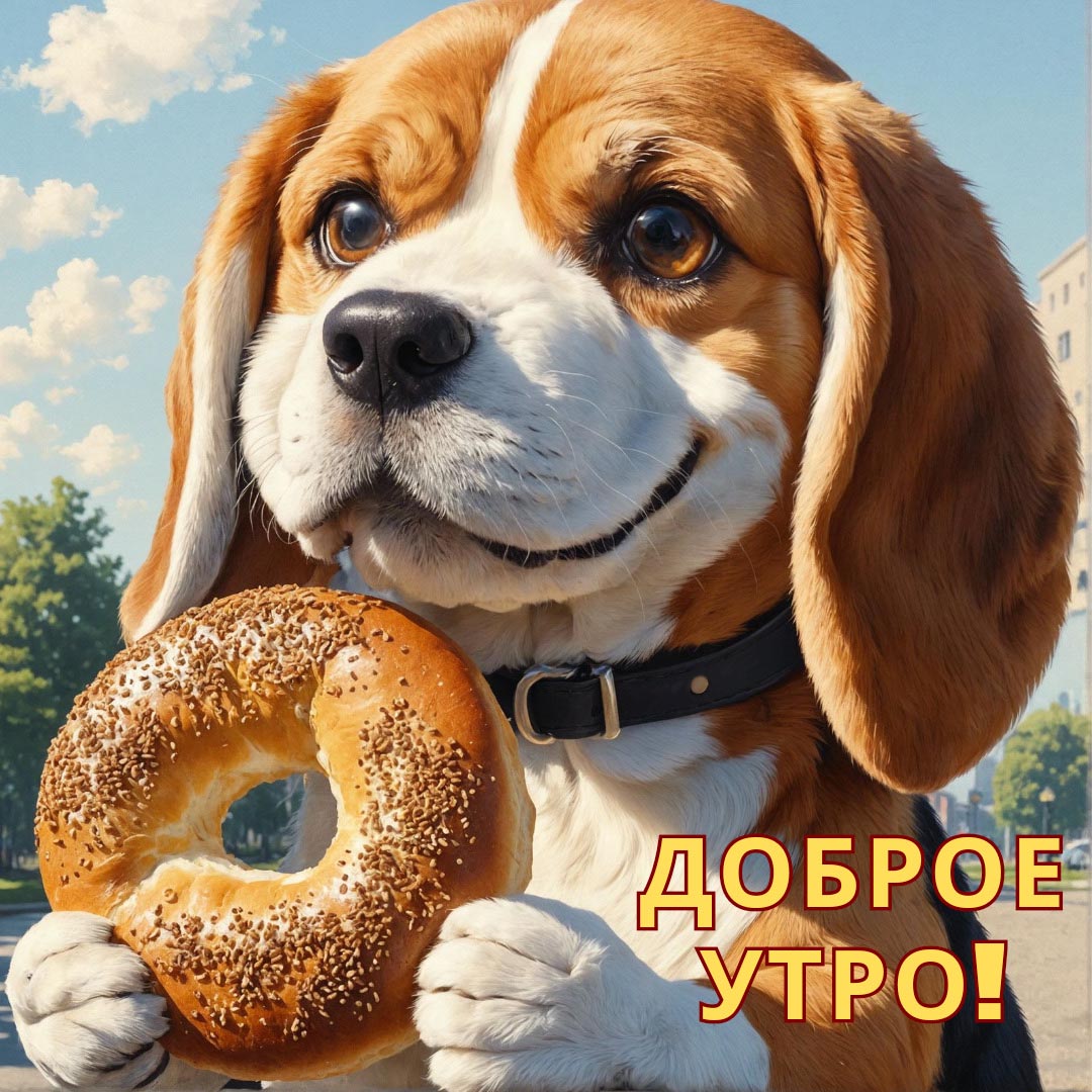 Необычная открытка с добрым утром. Милая собачка с крендельком. Пожелание доброго утра.
