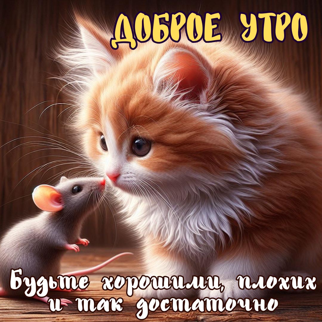 Веселая и необычная открытка с добрым утром. Милые котенок и мышка знакомятся друг с другом. Пожелания: Доброе утро. Будьте хорошими, плохих и так достаточно.