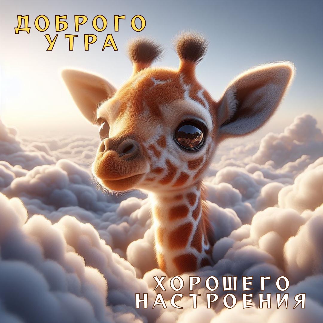 Веселая и необычная открытка с добрым утром. Жирафа заглядывает выше облаков. Пожелания: Доброго утра. Хорошего настроения.