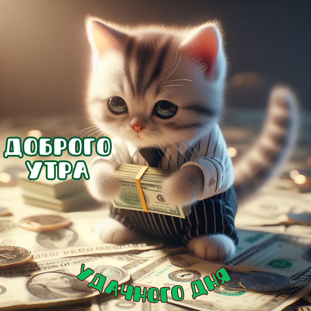 Веселая и необычная открытка с добрым утром. Котенок в деловом костюмчике с пачкой долларов и среди других денежных купюр. Пожелания: Доброго утра. Удачного дня.