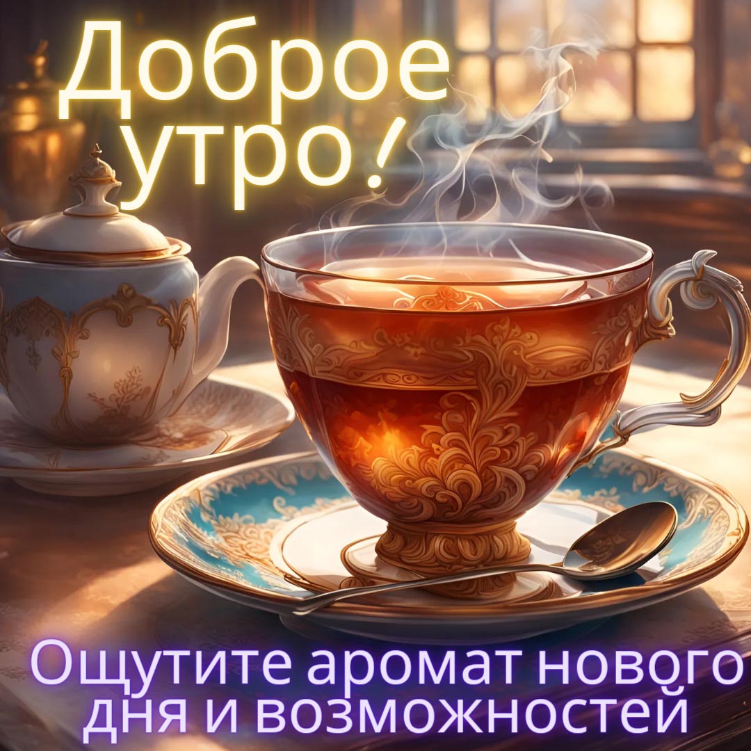Необычная открытка с добрым утром. Чашка с горячим чаем, заварной чайник. Пожелания: Ощутите аромат нового дня и возможностей. Необычная открытка с добрым утром. Чашка с горячим чаем, заварной чайник. Пожелания: Ощутите аромат нового дня и возможностей.