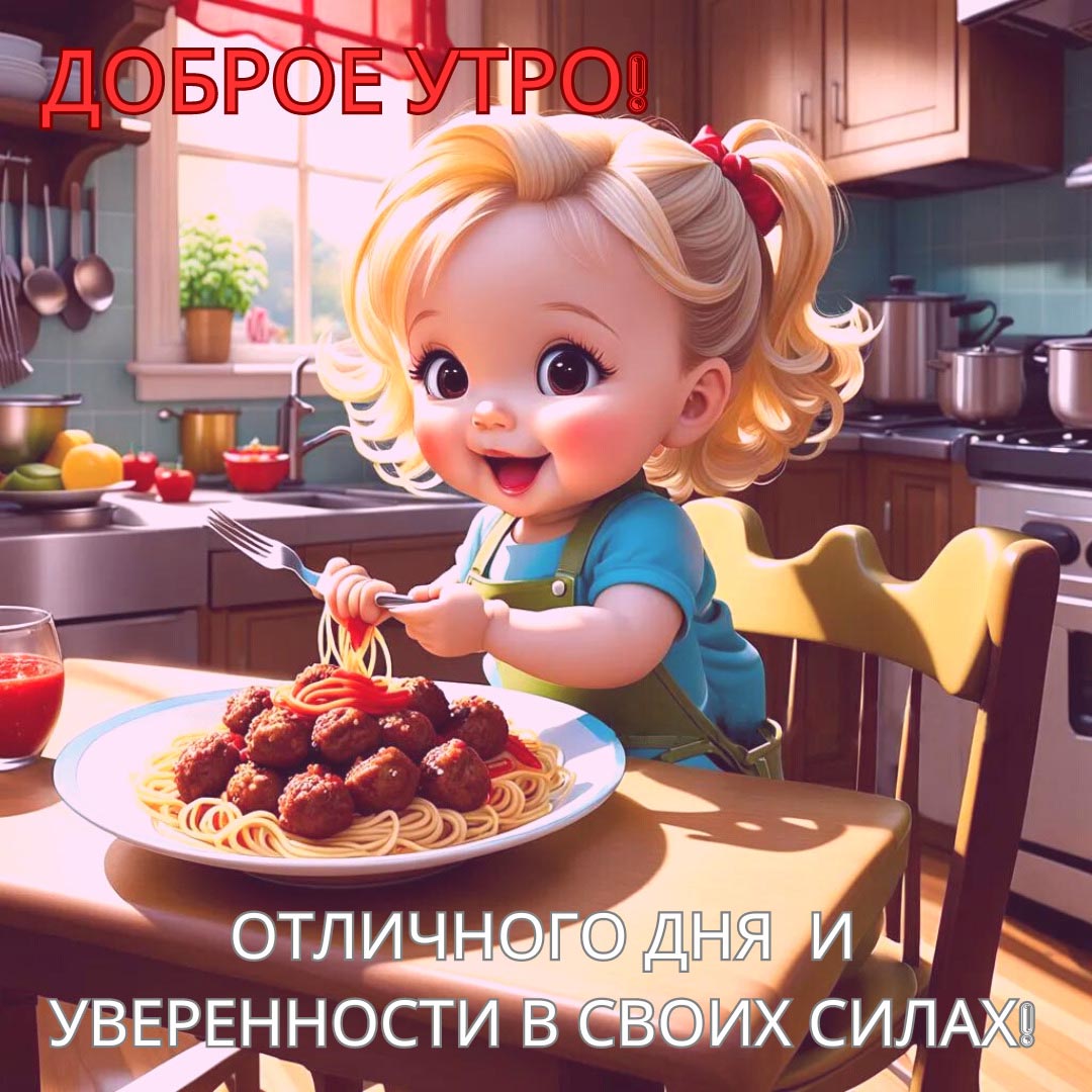 Веселая и необычная открытка с добрым утром. Веселая маленькая девочка на кухне за столом кушает макаронные изделия с гарниром. Пожелания: Доброе утро! Отличного дня и уверенности в своих силах!