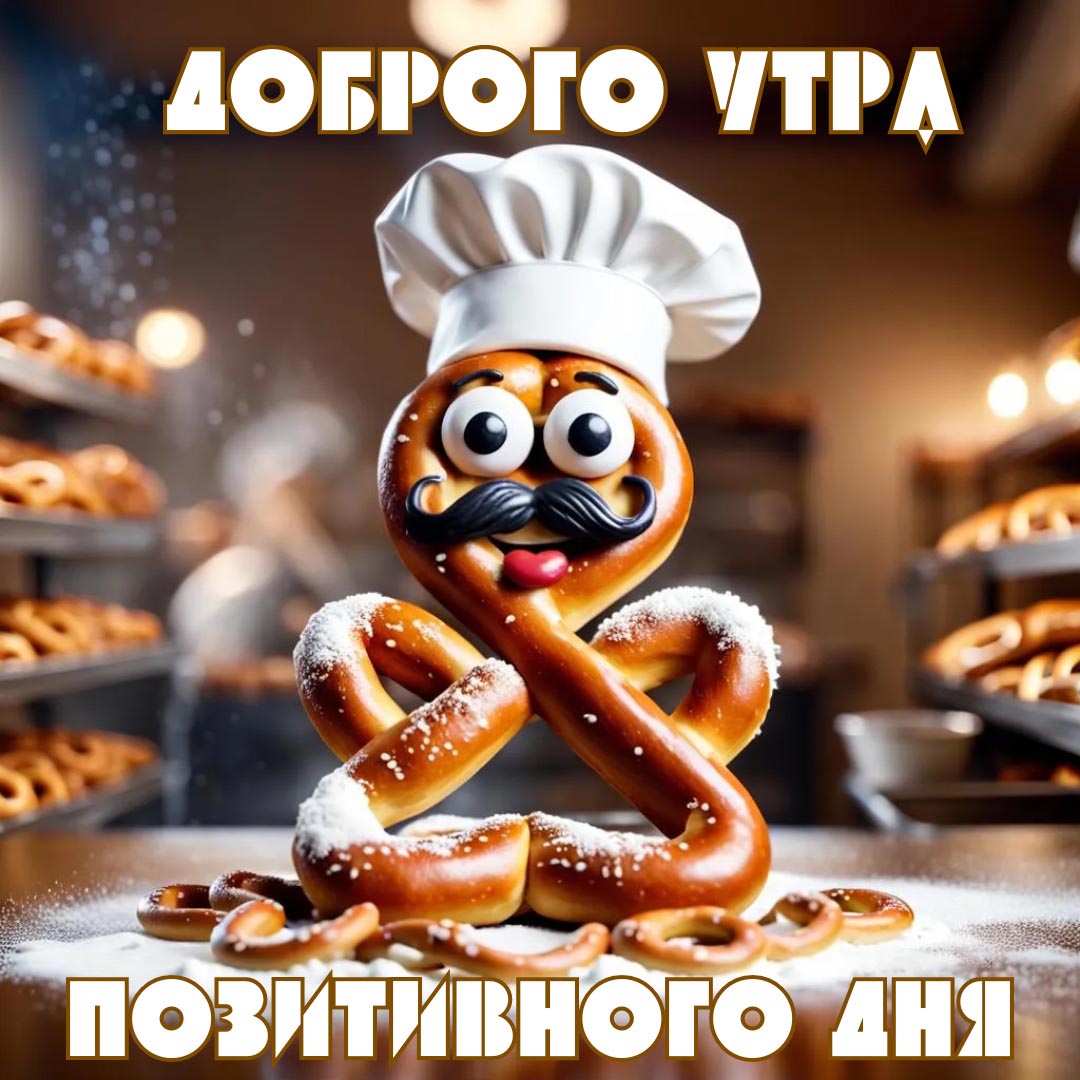 Веселая и необычная открытка с добрым утром. Крендель в виде пекаря в булочной. Пожелания: Доброго утра! Позитивного дня!