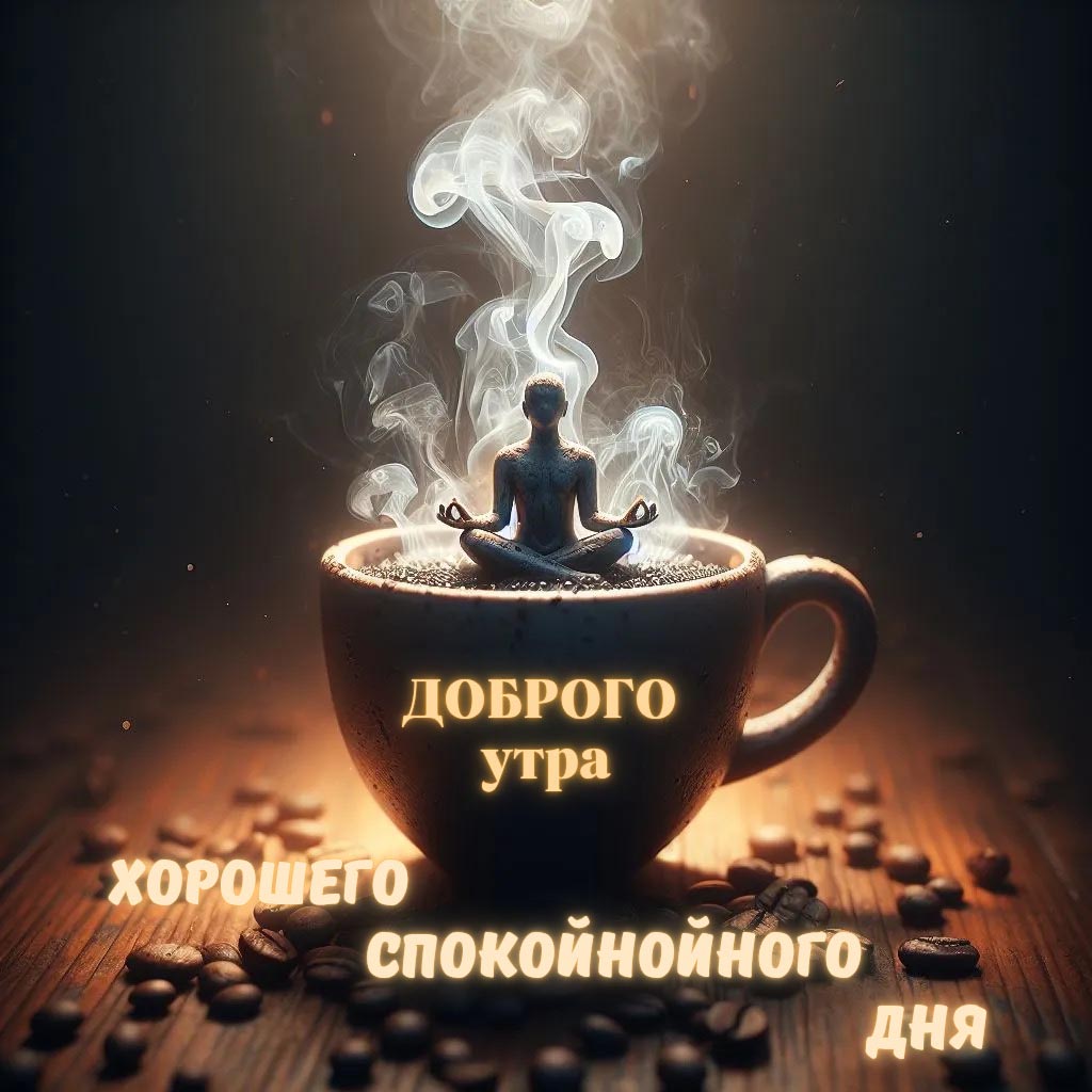 Веселая и необычная открытка с добрым утром. Чашка кофе и кофейные зерна. В чашке сидит человек в позе лотоса. Пожелания: Доброго утра! Хорошего спокойного дня.