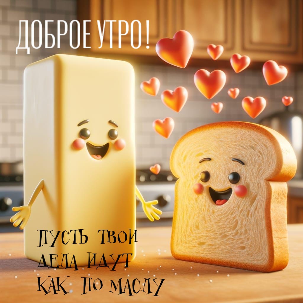 Веселая и необычная открытка с добрым утром. Смайлик-кусок сливочного масла и смайлик-кусок хлеба на кухне. Красные сердечки. Пожелания: Доброе утро! Пусть твои дела идут, как по маслу.