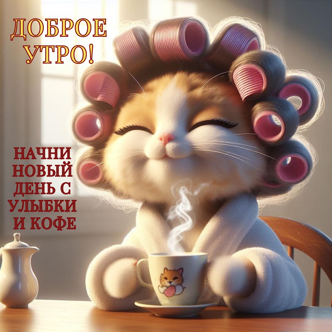 Веселая и необычная открытка с добрым утром. Кошечка в халате и в бигудях пьет кофе на кухне. Пожелания: Доброе утро! Начни новый день с улыбки и кофе. На чашке кофе нарисован котик.