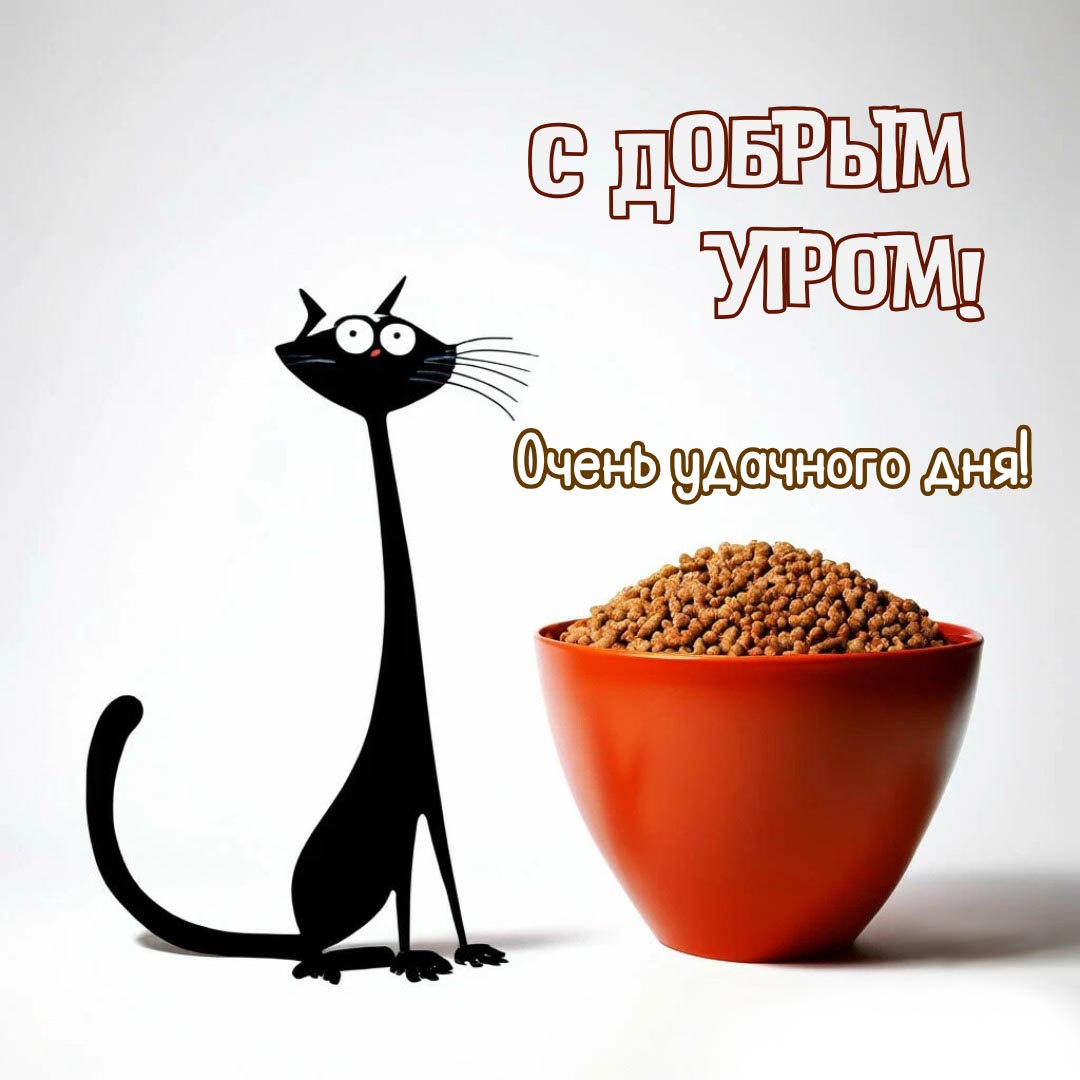 Веселая и необычная открытка с добрым утром. Черный мультяшный котик рядом с огромной миской корма. Пожелания: С добрым утром! Очень удачного дня!
